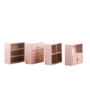 Collection of four miniature wooden furniture pieces, including shelves and drawers, perfect for dollhouse decoration.