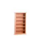 Unfinished wooden bookshelf designed for dollhouses, featuring five spacious open shelves for displaying items.