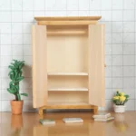 Unfinished miniature wooden wardrobe with double doors, designed for dollhouse use.