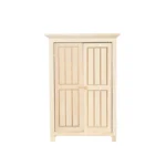 Unfinished miniature wooden wardrobe with double doors, designed for dollhouse use.