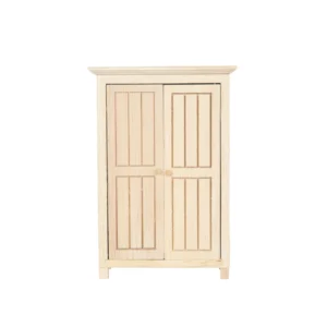 Unfinished miniature wooden wardrobe with double doors, designed for dollhouse use.