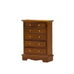 1:12 scale walnut-finished chest featuring five spacious drawers with brass knobs, decorative crown molding top, and elegant scalloped base for dollhouse bedroom furniture.