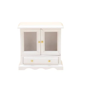 1:12 scale white painted cabinet featuring two glass panel doors, bottom drawer with gold knobs, decorative scalloped base, and elegant design for dollhouse furniture.