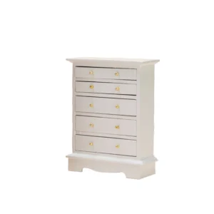 1:12 scale white painted chest featuring five spacious drawers with gold knobs, decorative crown molding top, and curved base design for dollhouse bedroom furniture.