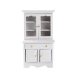 1:12 scale white painted kitchen hutch featuring upper glass display cabinet with two doors, center drawer, lower cabinet with two solid doors, gold knobs, and scalloped base for dollhouse furniture.