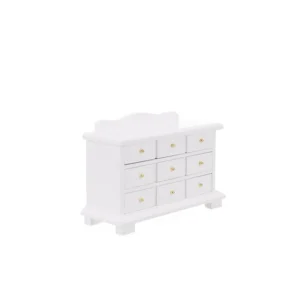 1:12 scale white painted dresser featuring nine drawers with gold knobs, decorative curved backsplash, and bracket feet design for dollhouse bedroom furniture.