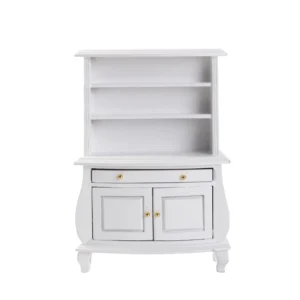 1:12 scale white painted hutch cabinet featuring three open display shelves, one drawer, two cabinet doors with gold knobs, and elegant curved base with cabriole legs for dollhouse furniture.