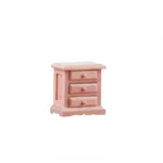 1:12 scale wooden painted nightstand featuring three small drawers with round knobs, decorative scalloped base, and clean modern design for dollhouse bedroom furniture.