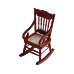 A handcrafted miniature red rocking chair with a woven seat, perfect for dollhouses and collectible displays.