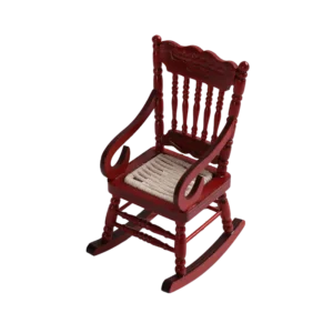 A handcrafted miniature red rocking chair with a woven seat, perfect for dollhouses and collectible displays.