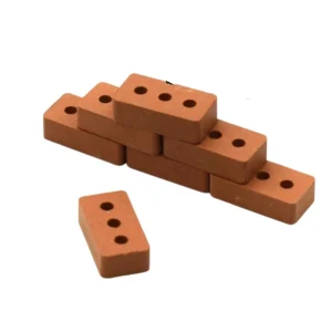 Set of 100 miniature terracotta bricks measuring 1.6cm x 0.8cm x 0.45cm, featuring single central hole design, crafted in uniform terracotta color with precise center perforation for specialized miniature construction