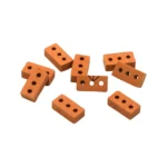 Set of 100 miniature terracotta bricks measuring 1.6cm x 0.8cm x 0.45cm, featuring two mounting holes instead of standard three, crafted in classic orange clay with precise hole placement for specialized construction needs