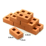 Set of 100 miniature rectangular terracotta clay blocks with two square holes, featuring a smooth matte finish and uniform dimensions of 2.8cm x 1.4cm x 0.9cm, perfect for 1:12 scale architectural models