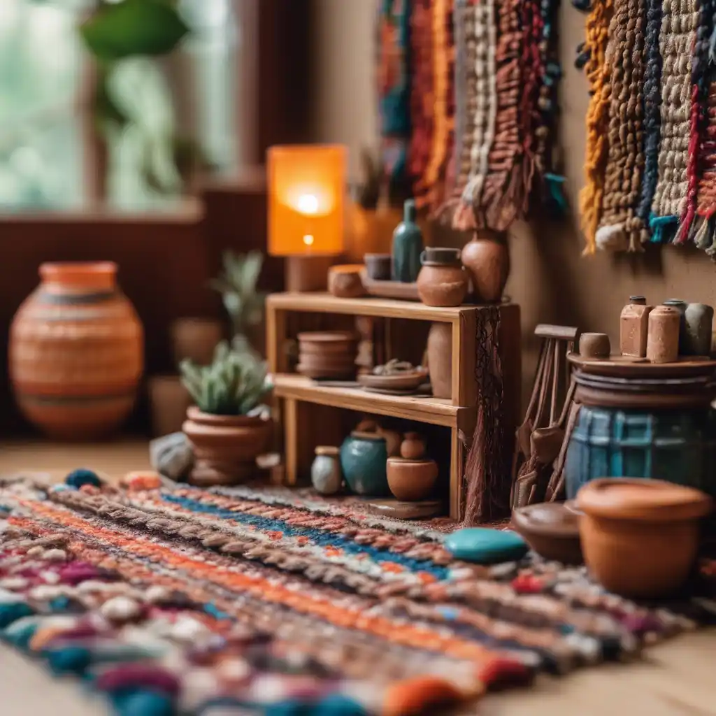 A boho-inspired dollhouse displaying exotic patterns, handwoven rugs, hanging macramé art, and vibrant pottery accents.