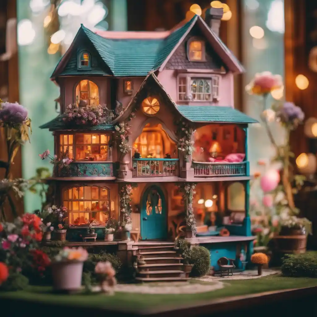 A colorful fairytale-themed dollhouse with butterfly-shaped chairs, floral-covered beds, and vibrant, playful patterns.