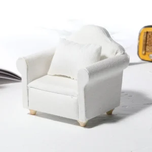 Classic White Fabric Armchair - 1:12 Scale Dollhouse Furniture - Miniature Living Room Chair with Rolled Arms (8.2cm × 6.4cm × 7.2cm)