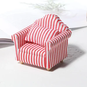 Red and White Striped Armchair - 1:12 Scale Dollhouse Furniture - Miniature Living Room Chair with Classic Nautical Stripes (8.2cm × 6.4cm × 7.2cm)