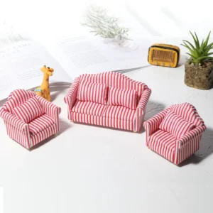 Three-Piece Red and White Striped Living Room Set - 1:12 Scale Dollhouse Furniture - Including Two Armchairs and One Loveseat with Classic Nautical Stripes