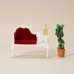 White and Red Velvet Telephone Bench - 1:12 Scale Dollhouse Furniture - Miniature Storage Seat with Drawer and Queen Anne Legs (9.5cm × 4.2cm × 8cm)