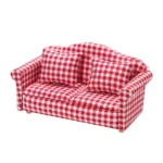 Red and White Gingham Check Loveseat - 1:12 Scale Dollhouse Furniture - Miniature Country Style Two-Seater with Matching Cushions (13.5cm × 6.4cm × 7.2cm)