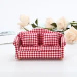 Red and White Gingham Check Loveseat - 1:12 Scale Dollhouse Furniture - Miniature Country Style Two-Seater with Matching Cushions (13.5cm × 6.4cm × 7.2cm)