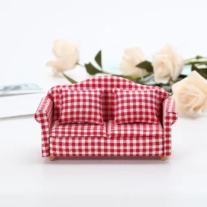 Red and White Gingham Check Loveseat - 1:12 Scale Dollhouse Furniture - Miniature Country Style Two-Seater with Matching Cushions (13.5cm × 6.4cm × 7.2cm)