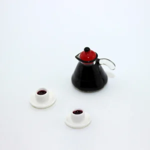 Resin Coffee Service Set - 3-Piece Set featuring Clear Resin Coffee Pot (14x16mm) with Coffee Effect and Two White Cups (6x11mm)