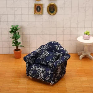 Navy Blue Floral Print Armchair - 1:12 Scale Dollhouse Furniture - Miniature Living Room Chair with White Floral Pattern (8.2cm × 6.4cm × 7.2cm)