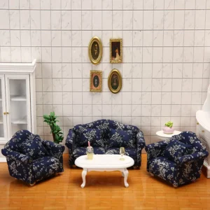 Navy Blue Floral Print Living Room Set - 1:12 Scale Dollhouse Furniture - Complete 3-Piece Suite including Loveseat and Two Armchairs with White Floral Pattern