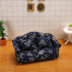 Navy Blue Floral Print Loveseat - 1:12 Scale Dollhouse Furniture - Miniature Two-Seater Sofa with White Floral Pattern (8.2cm × 6.4cm × 7.2cm)