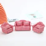 Red and White Gingham Check Living Room Set - 1:12 Scale Dollhouse Furniture - Complete 3-Piece Suite including Loveseat (13.5cm) and Two Armchairs (8.2cm each)