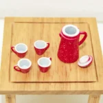 Vintage Enamel-Style Coffee Set with Speckled Finish - 5-Piece Set featuring Coffee Pot (28x22mm) and Four Cups (13x8mm) in Red or Navy Blue