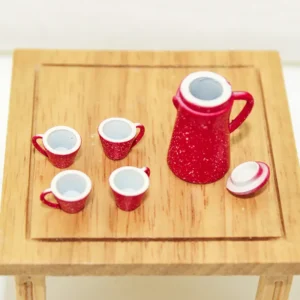 Vintage Enamel-Style Coffee Set with Speckled Finish - 5-Piece Set featuring Coffee Pot (28x22mm) and Four Cups (13x8mm) in Red or Navy Blue