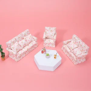 Complete Three-Piece Living Room Set - 1:12 Scale Dollhouse Furniture - Including Single Armchair, Loveseat, and Three-Seater Sofa in White with Pink Hearts and Strawberry Print