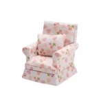 White and Pink Strawberry Print Armchair - 1:12 Scale Dollhouse Furniture - Miniature Living Room Chair with Sweet Strawberry Pattern (6.6cm × 6.2cm × 7.7cm)