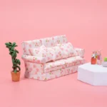 White and Pink Strawberry Heart Print Loveseat - 1:12 Scale Dollhouse Furniture - Miniature Two-Seater Sofa with Sweet Strawberry and Heart Pattern (12.8cm × 6.1cm × 7.6cm)