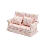 White and Pink Strawberry Heart Print Loveseat - 1:12 Scale Dollhouse Furniture - Miniature Two-Seater Sofa with Sweet Strawberry and Heart Pattern (12.8cm × 6.1cm × 7.6cm)