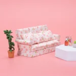 White and Pink Strawberry Heart Print Three-Seater Sofa - 1:12 Scale Dollhouse Furniture - Miniature Couch with Sweet Strawberry and Heart Pattern (15.8cm × 6cm × 7.7cm)