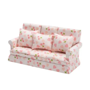 White and Pink Strawberry Heart Print Three-Seater Sofa - 1:12 Scale Dollhouse Furniture - Miniature Couch with Sweet Strawberry and Heart Pattern (15.8cm × 6cm × 7.7cm)