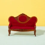 Victorian Style Red Velvet Settee - 1:12 Scale Dollhouse Furniture - Miniature Carved Wood Sofa with Diamond Tufted Upholstery (14cm × 4.5cm × 10.2cm)