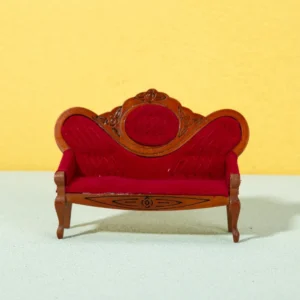 Victorian Style Red Velvet Settee - 1:12 Scale Dollhouse Furniture - Miniature Carved Wood Sofa with Diamond Tufted Upholstery (14cm × 4.5cm × 10.2cm)