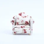 White and Rose Floral Print Armchair - 1:12 Scale Dollhouse Furniture - Miniature Living Room Chair with Delicate Red Rose Pattern (8.2cm × 6.4cm × 7.2cm)