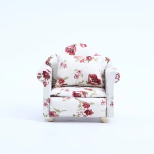 White and Rose Floral Print Armchair - 1:12 Scale Dollhouse Furniture - Miniature Living Room Chair with Delicate Red Rose Pattern (8.2cm × 6.4cm × 7.2cm)