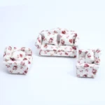 White and Rose Floral Print Living Room Set - 1:12 Scale Dollhouse Furniture - Complete 3-Piece Suite including Loveseat (13.5cm) and Two Armchairs (8.2cm each) with Delicate Red Rose Pattern