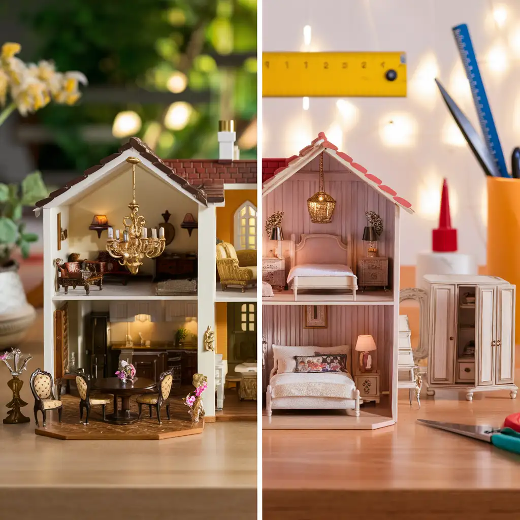 A side-by-side comparison of 1/12 scale and 1/6 scale dollhouse furniture, highlighting their size differences and intricate details. On the left, a 1/12 scale dollhouse features tiny, highly detailed furniture like a dining table and chairs. On the right, a 1/6 scale dollhouse showcases larger, functional furniture like a sofa and bed. The background includes a crafting workspace with tools like a ruler and scissors, emphasizing the DIY aspect of dollhouse furniture.