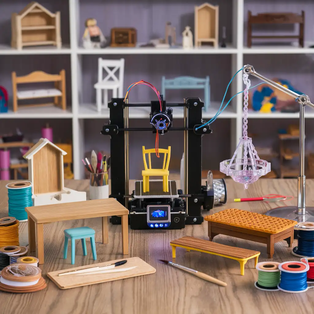 A detailed workspace featuring 3D-printed dollhouse furniture made from various materials, including PLA, ABS, TPU, wood-filled PLA, and PETG. The scene includes a 3D printer in action, finished furniture pieces like a chair, table, cushion, bench, and chandelier, and tools like sandpaper and paintbrushes, highlighting the versatility and creativity of 3D printing for dollhouse furniture.