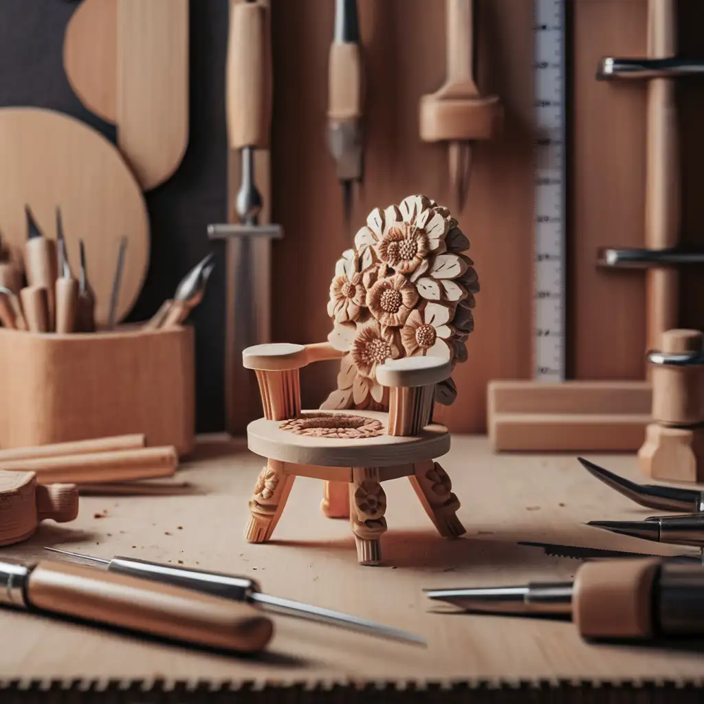 A close-up view of a miniature dollhouse furniture workshop, featuring an intricately crafted wooden chair with hand-carved details, surrounded by tiny woodworking tools like micro chisels, a precision saw, and miniature sanding tools. The background shows a well-organized workspace with wood veneers, clamps, and a scaling ruler, emphasizing the precision and artistry of dollhouse furniture crafting.