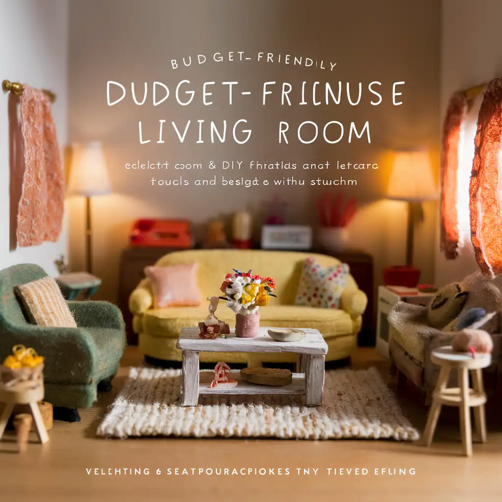 A cozy dollhouse living room featuring budget-friendly furniture, including a vintage sofa, a DIY coffee table, and handmade accessories like a tiny rug and curtains. Perfect for collectors looking to create a charming miniature world without overspending.