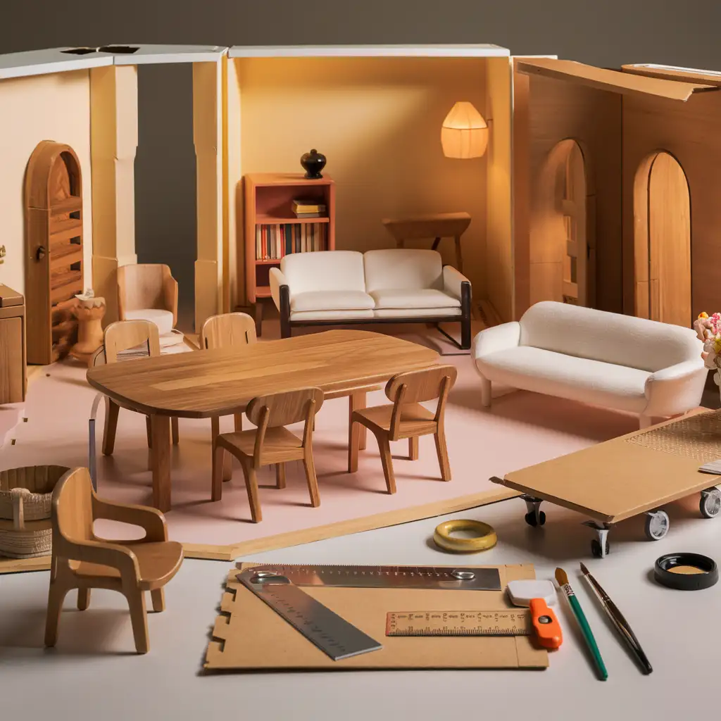 A dollhouse interior featuring furniture made from wood, plastic, and cardboard, including a wooden dining table, a plastic sofa, and a cardboard bookshelf. The image highlights the unique textures and finishes of each material, with crafting tools like a saw and paintbrush in the foreground, symbolizing the creative process of making dollhouse furniture.