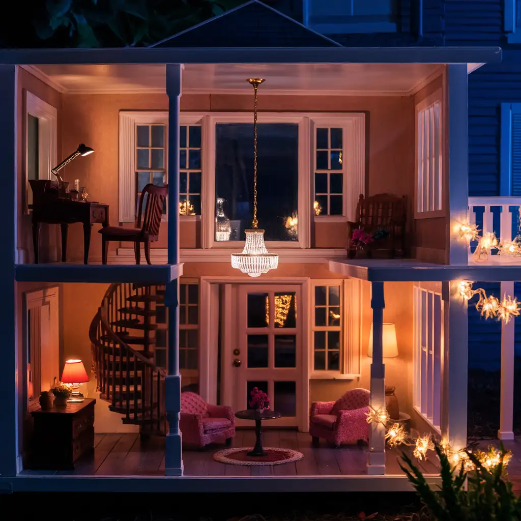 Illuminated dollhouse interior with layered lighting, including warm LED ambient lighting, a miniature desk lamp, accent lights on architectural features, and exterior porch and string lights for added charm.